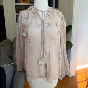Adrianna Papell Sheer Blouse with Floral Appliqué